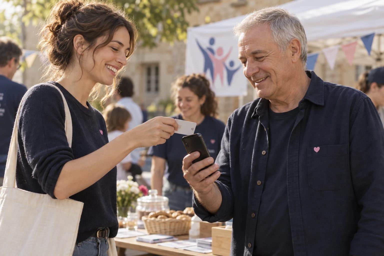 Un bénévole encaisse une inscription par carte lors d’un événement associatif.