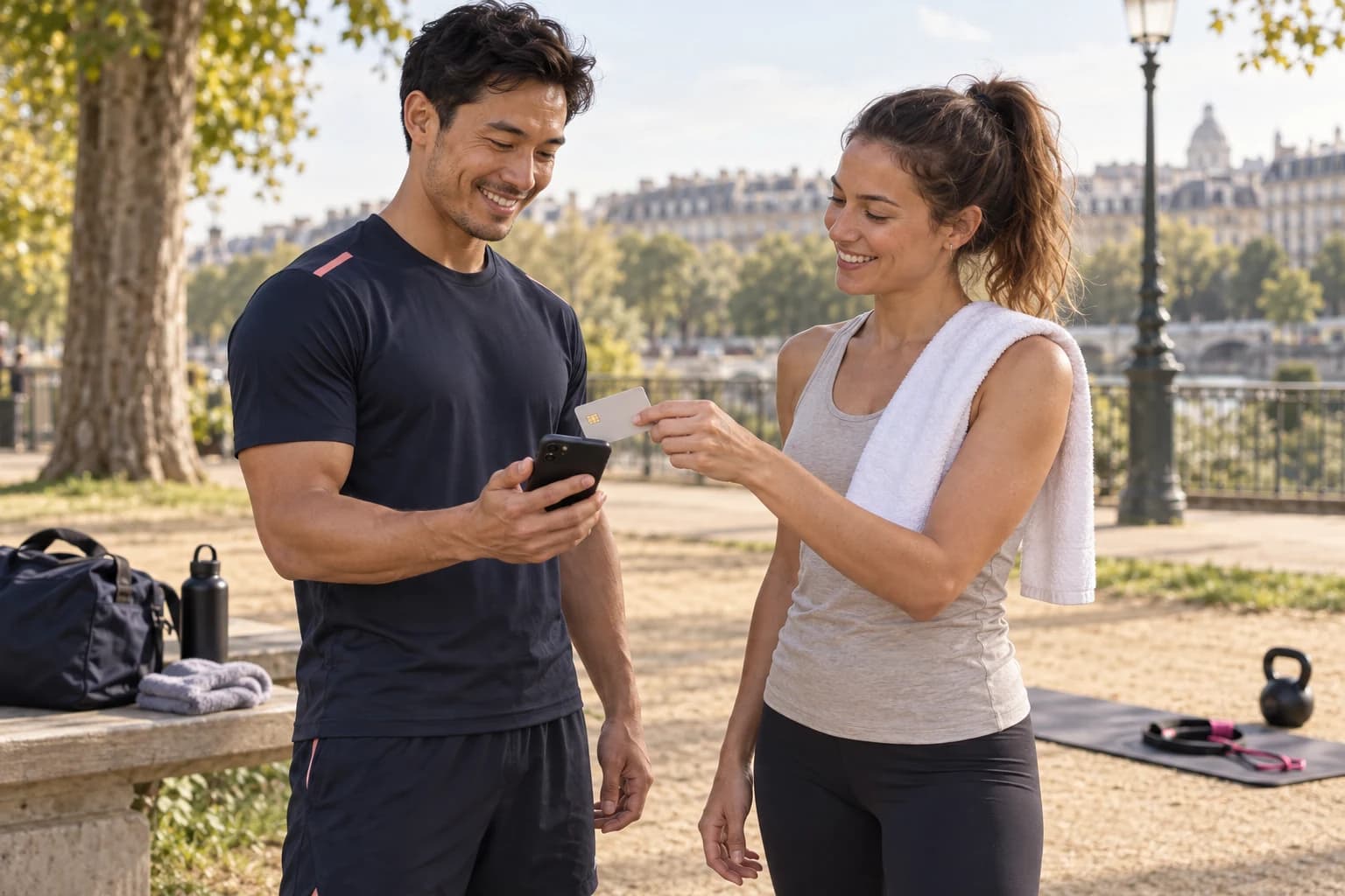 Un coach encaisse une séance avec son téléphone après un entraînement au parc.