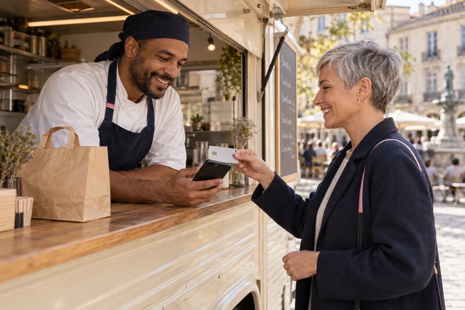 A food-truck chef takes a customer’s payment on his phone.