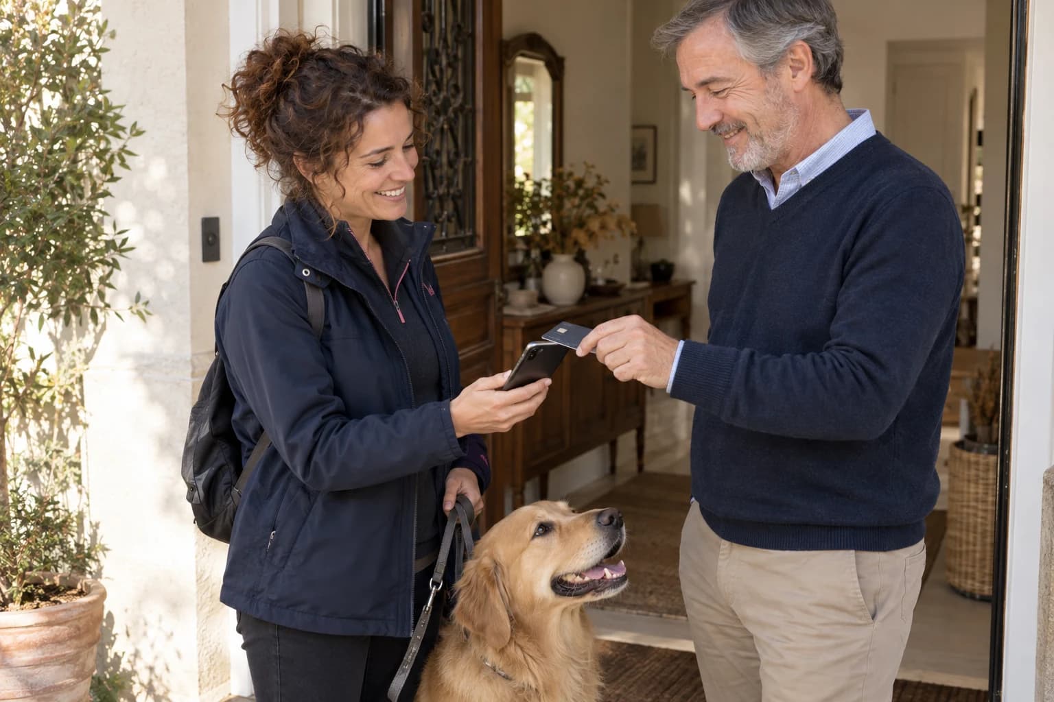 Une garde d’animaux encaisse sur son téléphone au retour d’une promenade.