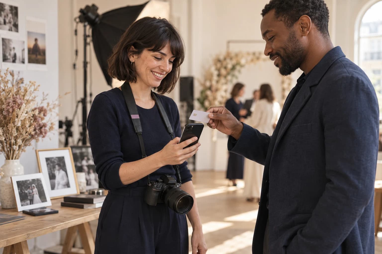 Une photographe reçoit le règlement d’une prestation sur son téléphone.