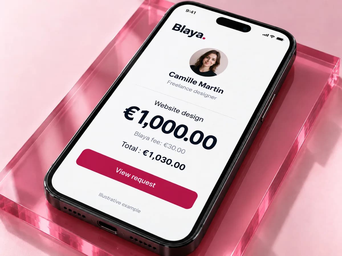 Fictional phone example: Camille Martin, €1,000 website design, €30 fee, €1,030 client total.