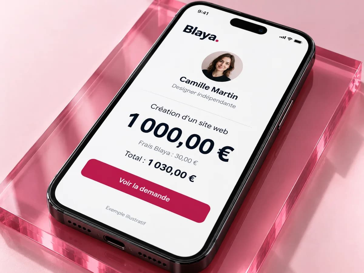Exemple fictif sur téléphone : Camille Martin, création de site à 1 000 €, frais de 30 €, total client 1 030 €.
